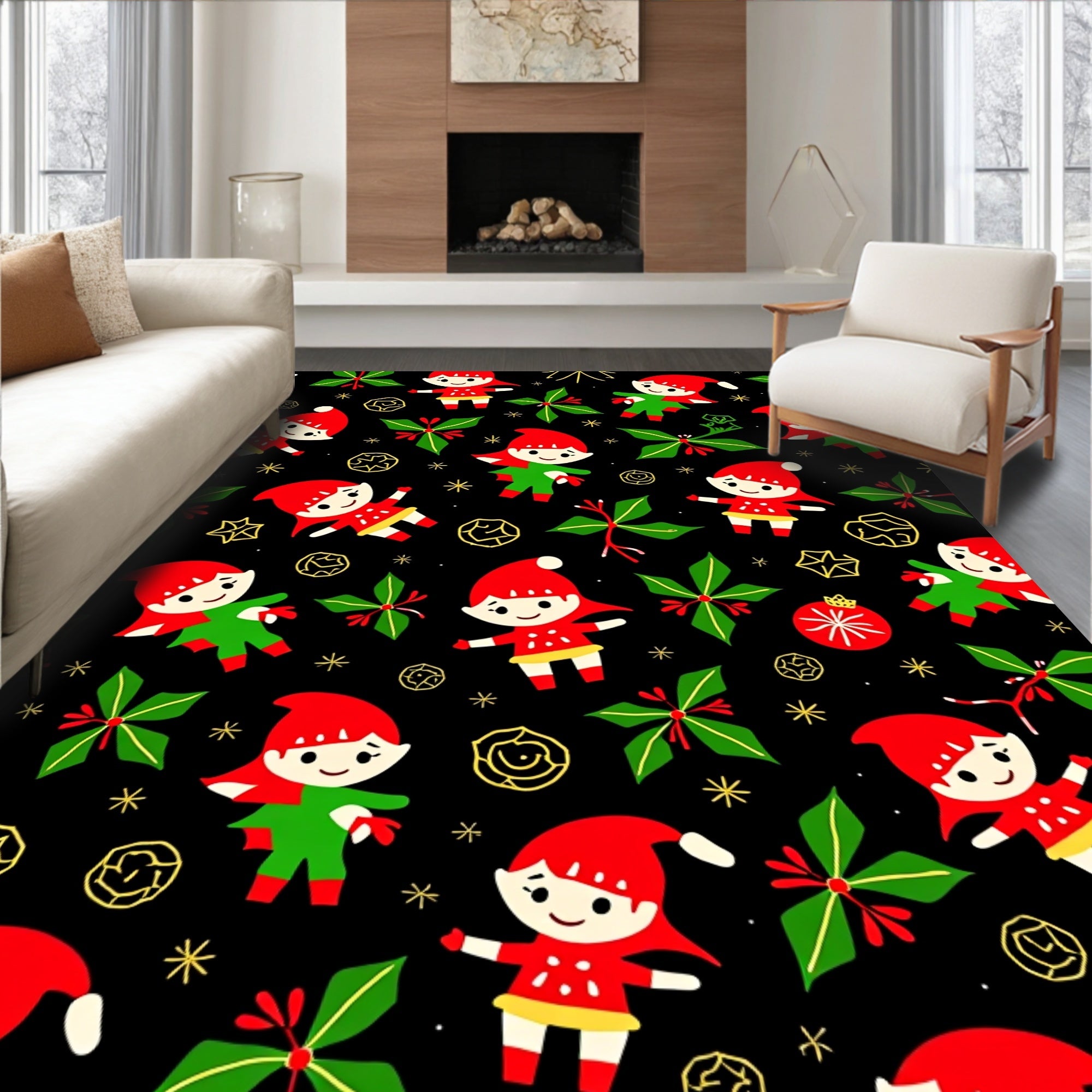 Festive Christmas Elves Poinsettia Black Rug