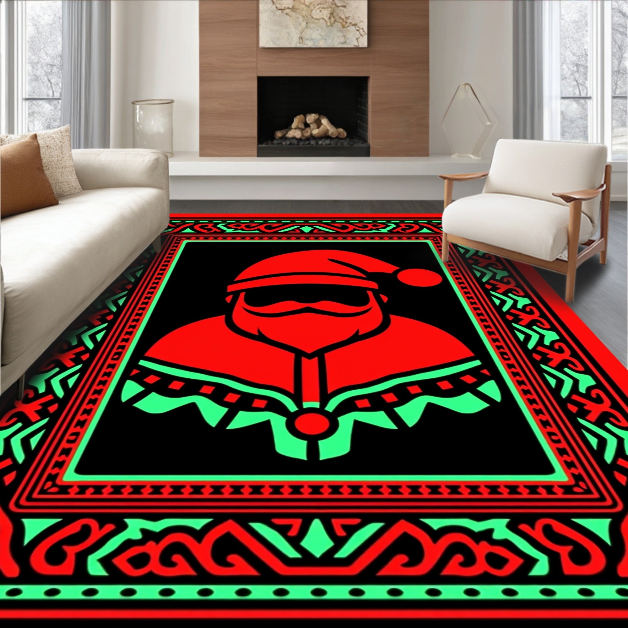 Bold Red Santa Graphic Border Rug