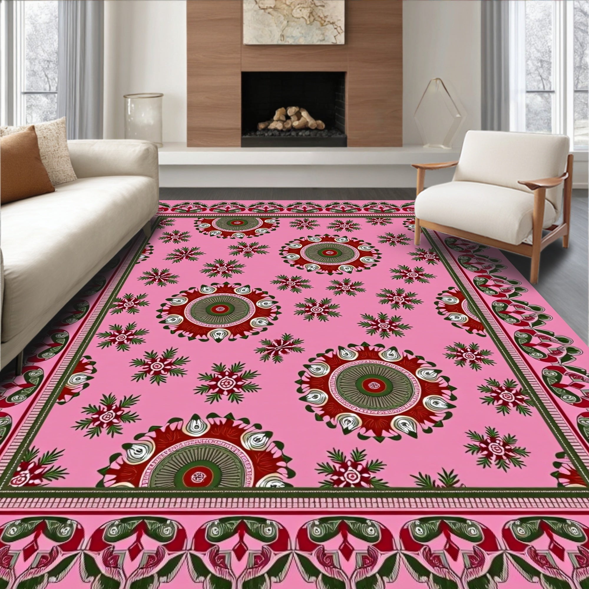 Ornate Red Green Rosette Field Rug