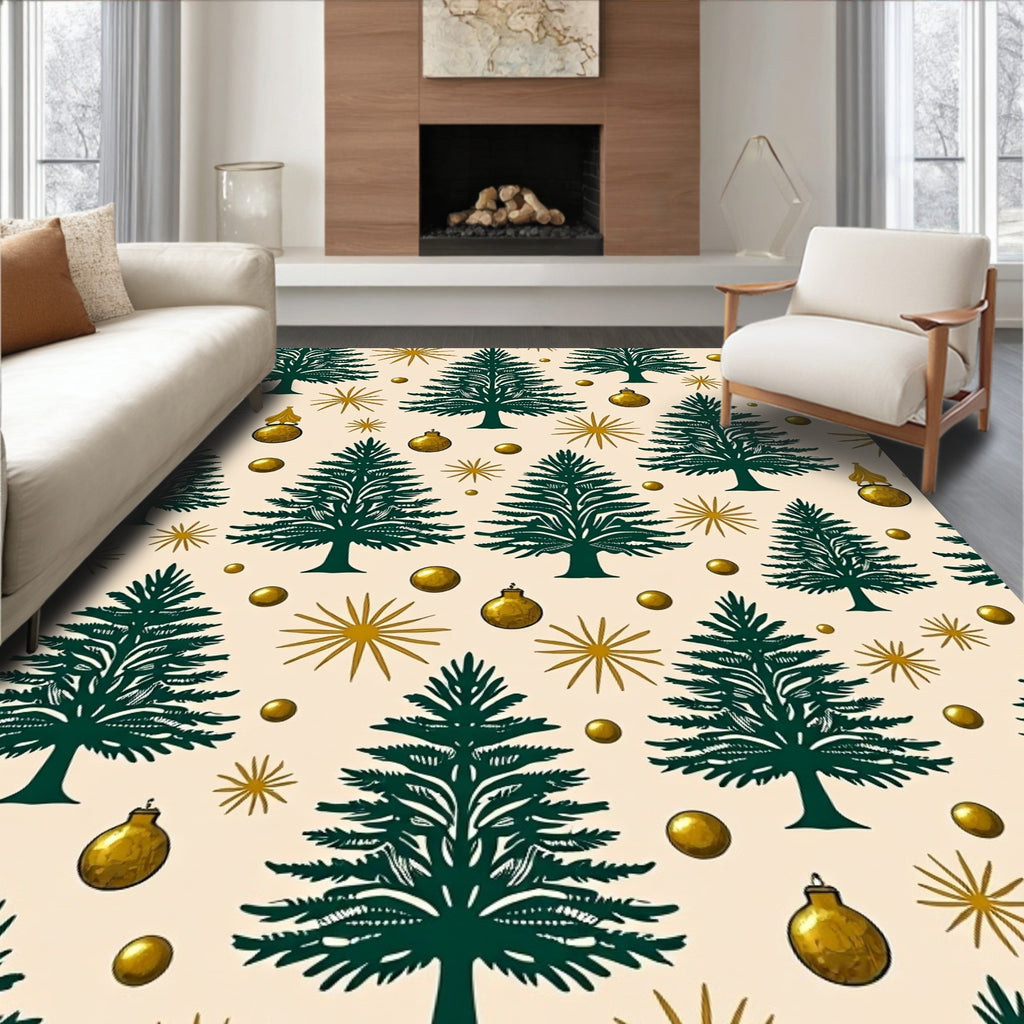 Green Evergreen Trees Golden Ornaments Rug