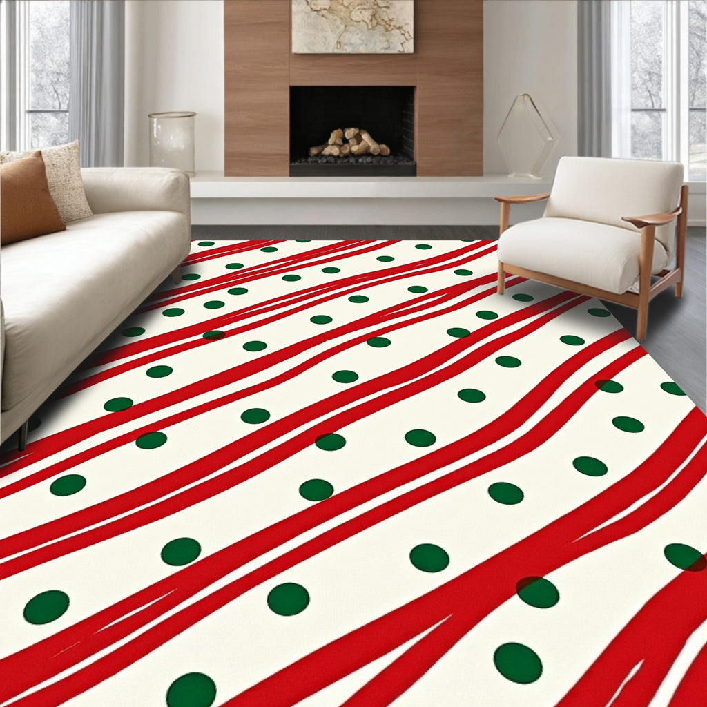 Red Green Diagonal Stripe Polka Dot Rug