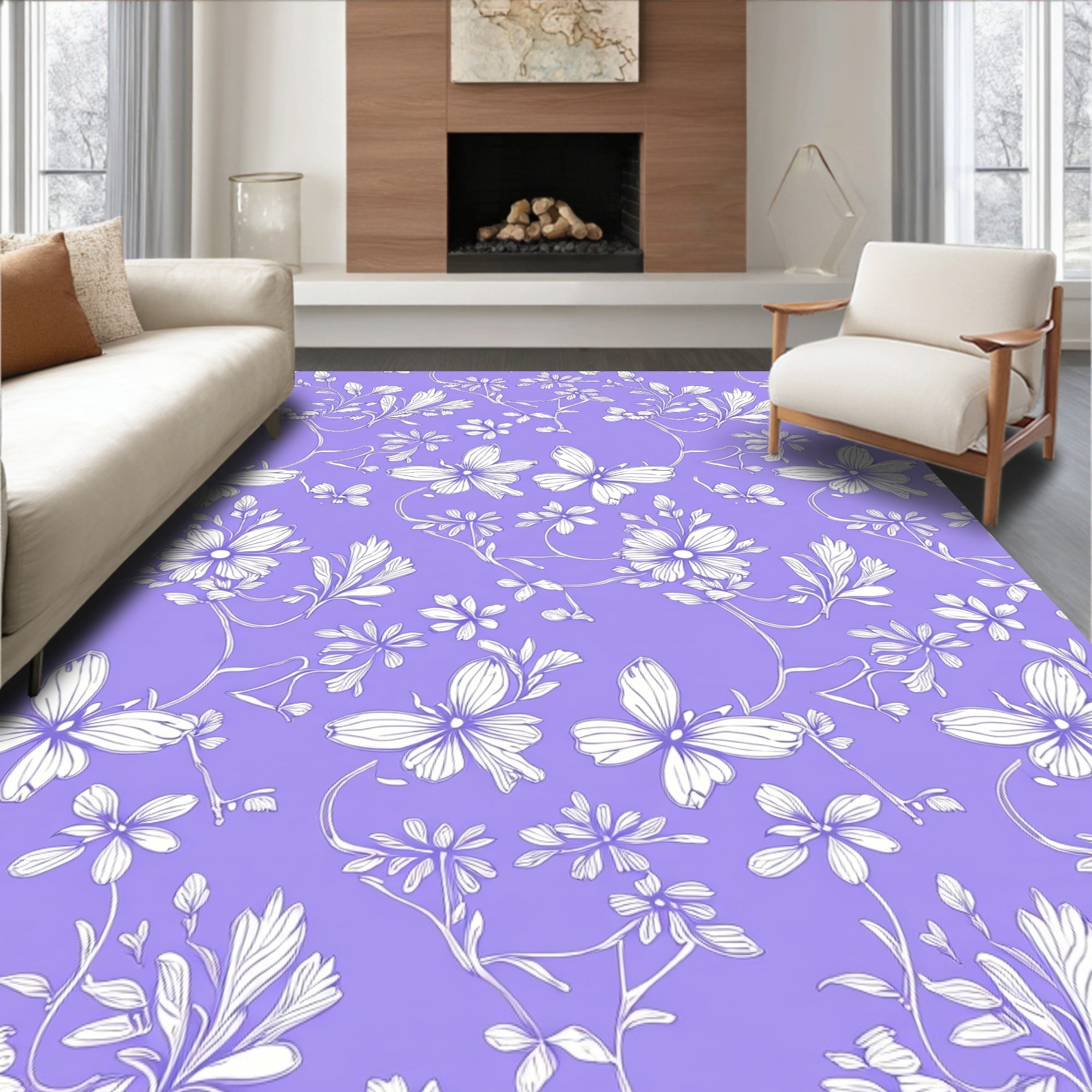 Delicate Lilac Floral Butterfly Vine Rug