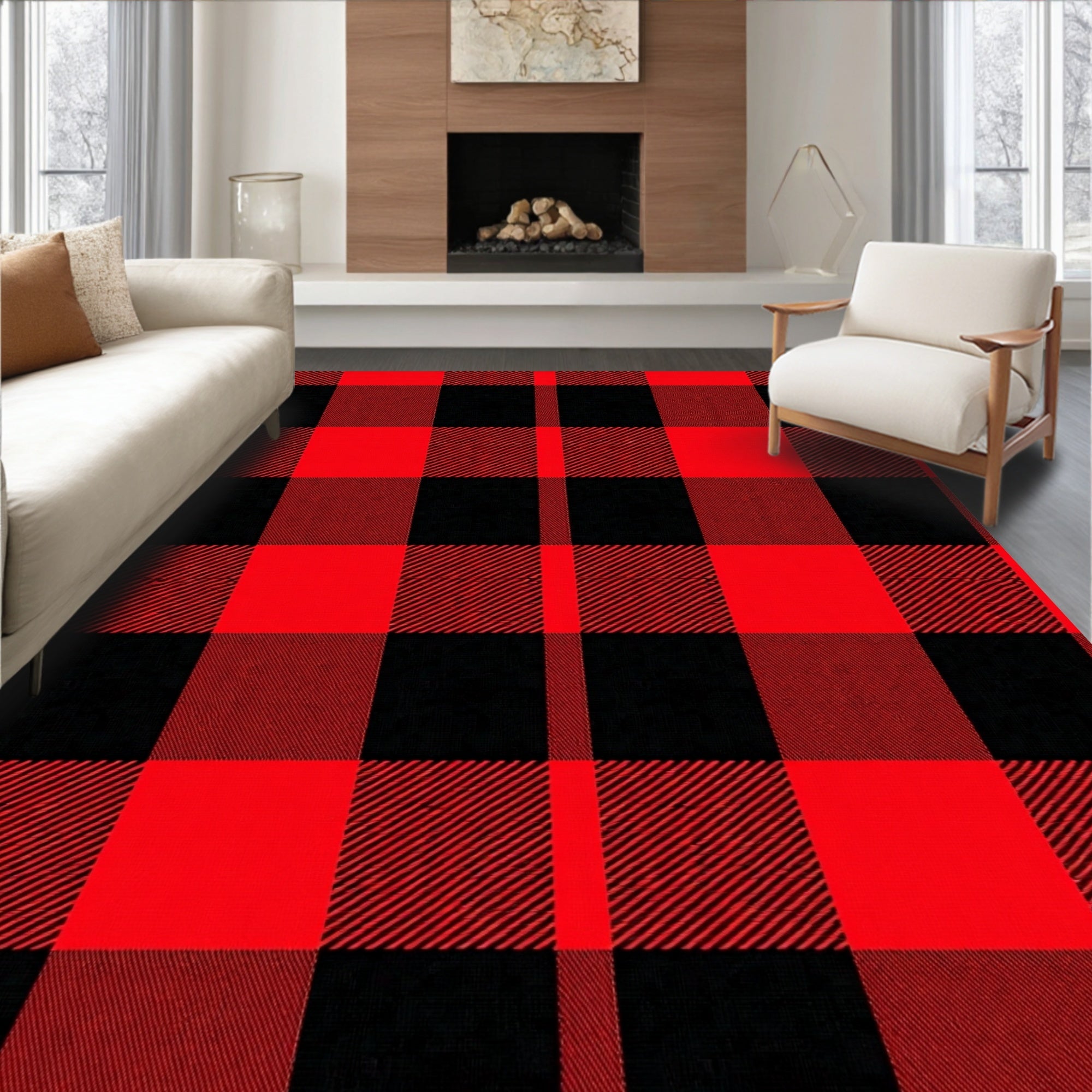 Crimson Black Checkered Squares Rug
