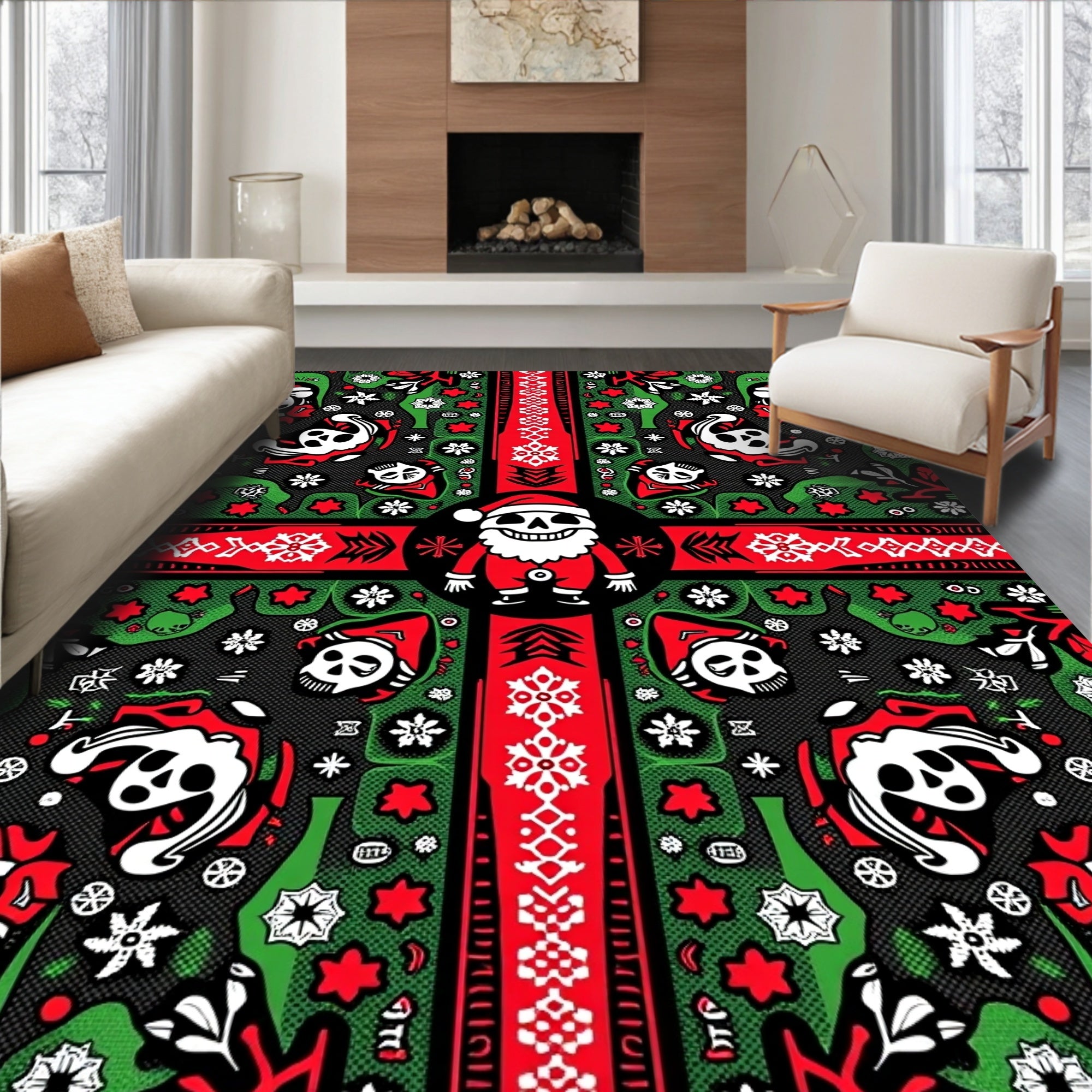 Bold Red Black Holly Skull Santa Rug