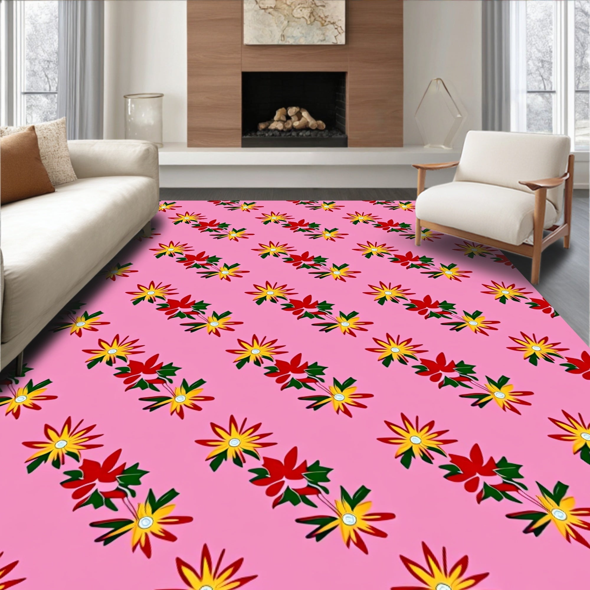 Pink Floral Arrangement with Yellow Stars Rug
