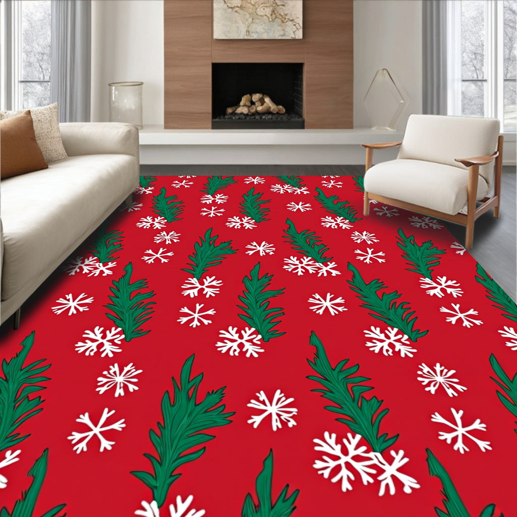 Red Evergreen Snowflake Scattering Rug