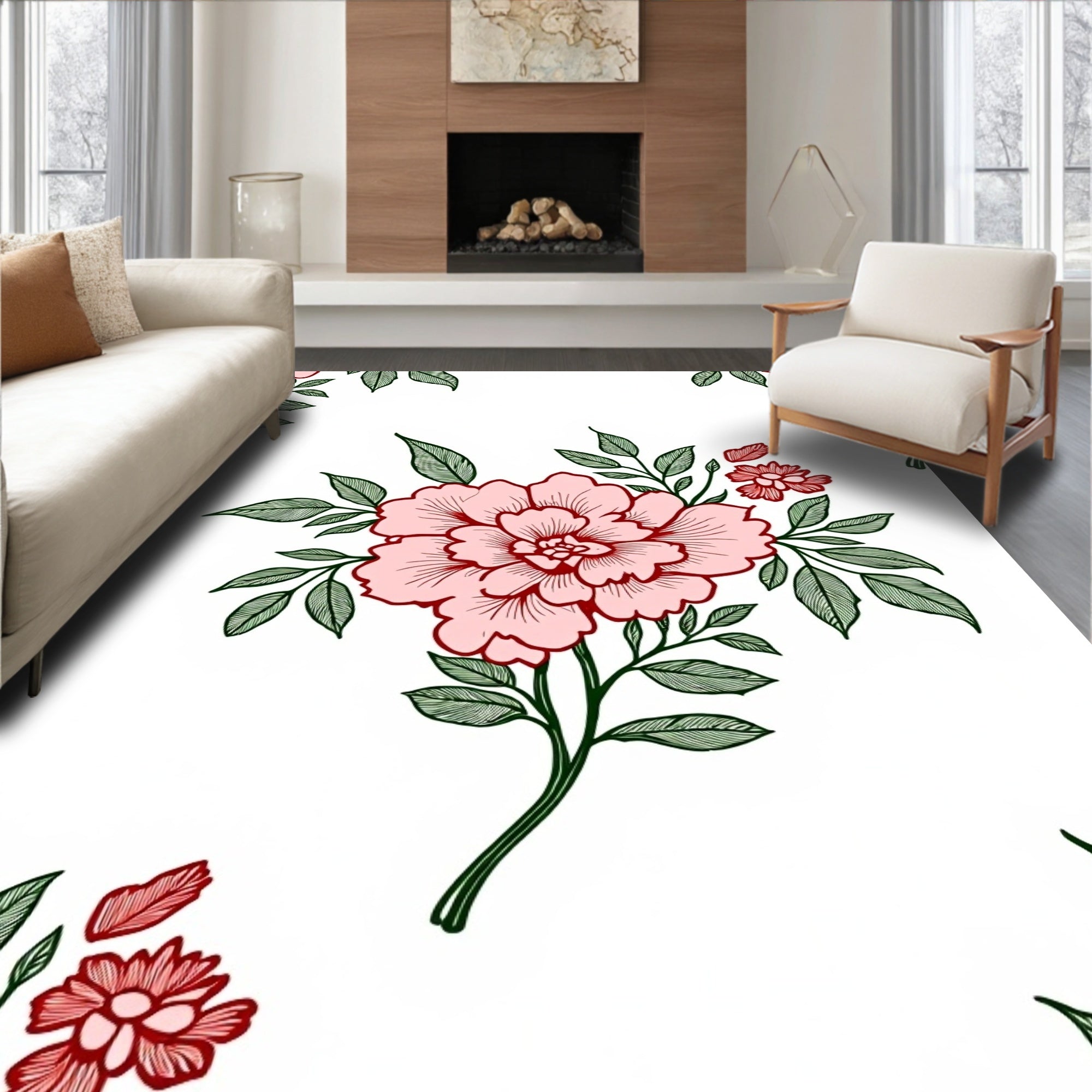 Pink Crimson Floral Foliage Sprigs Rug