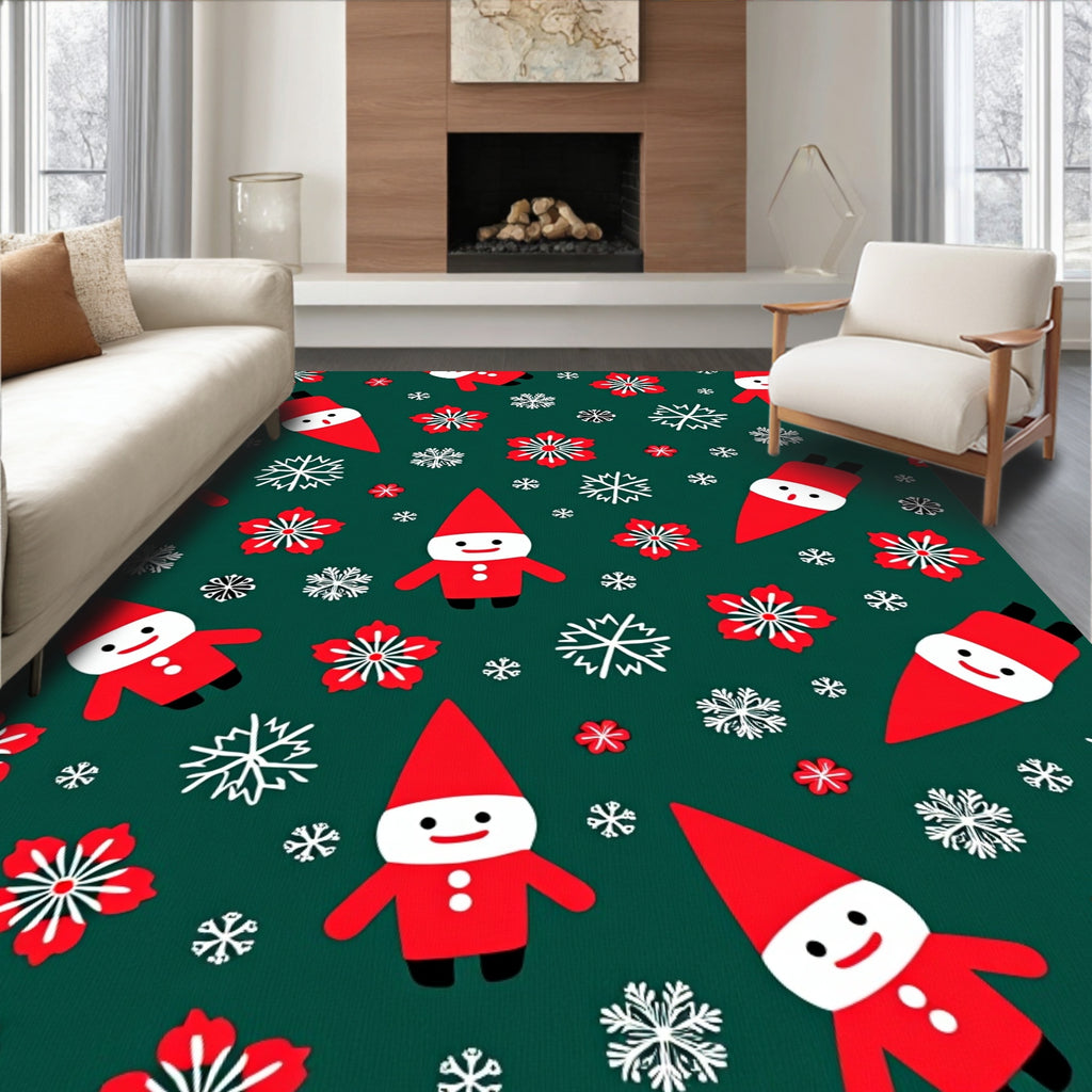 Red Gnome Snowflakes Green Holiday Rug