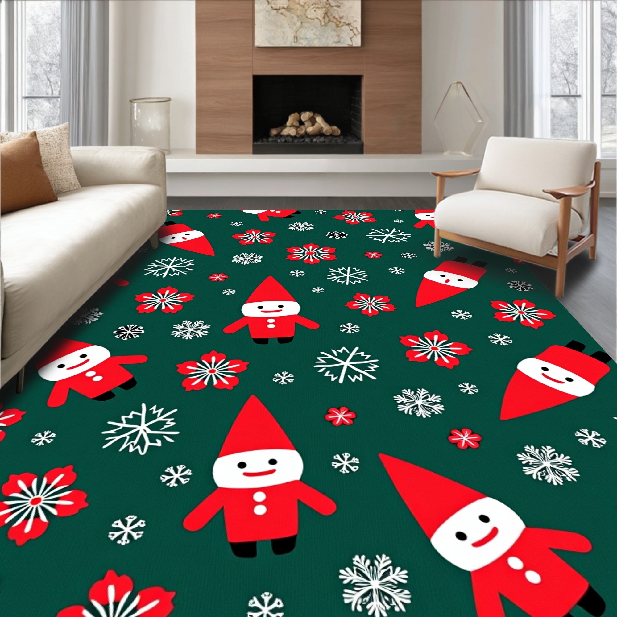 Red Gnome Snowflakes Green Holiday Rug