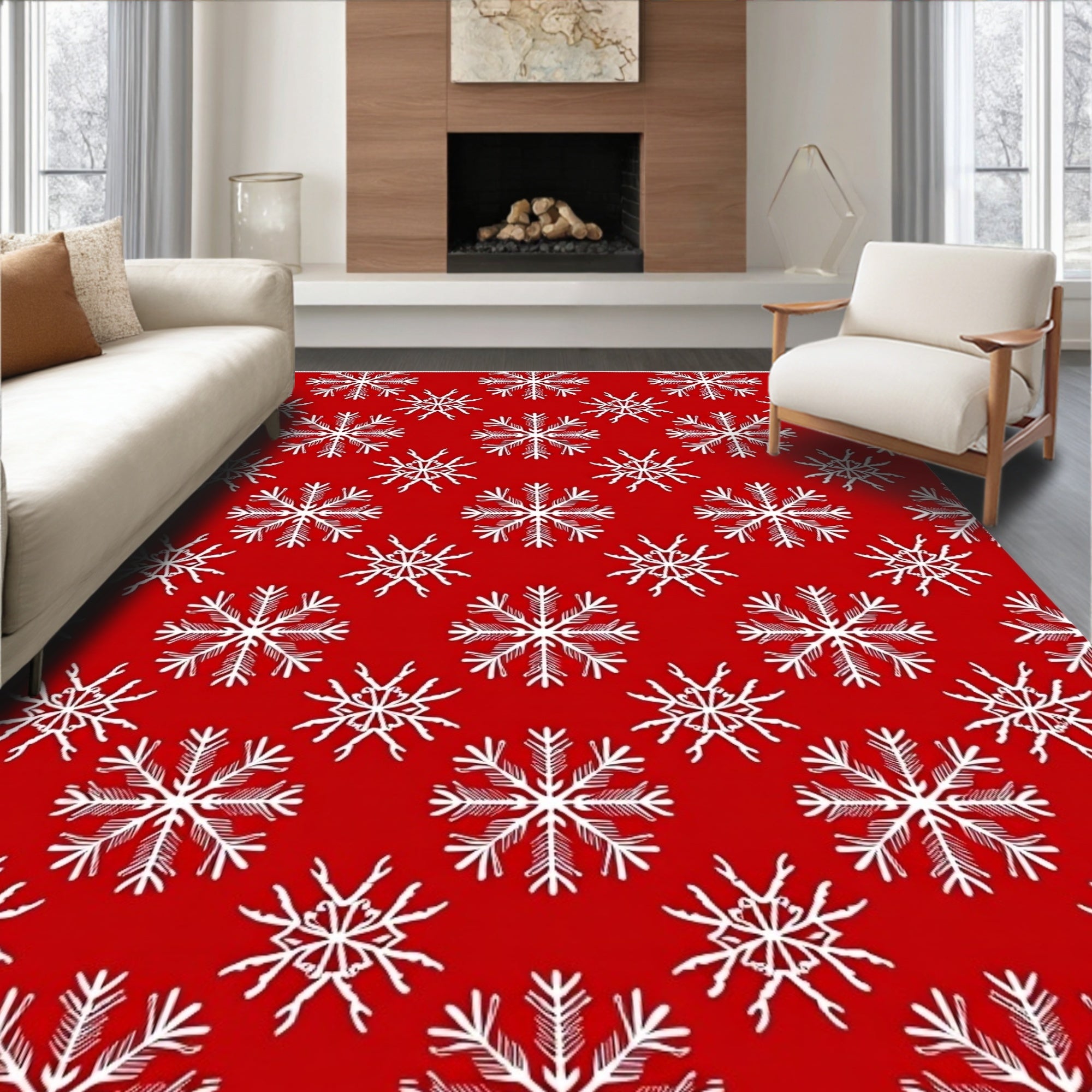 Red White Snowflake Winter Holidays Rug