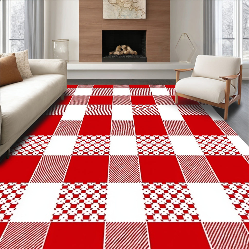 Red White Gingham Checkered Squares Rug