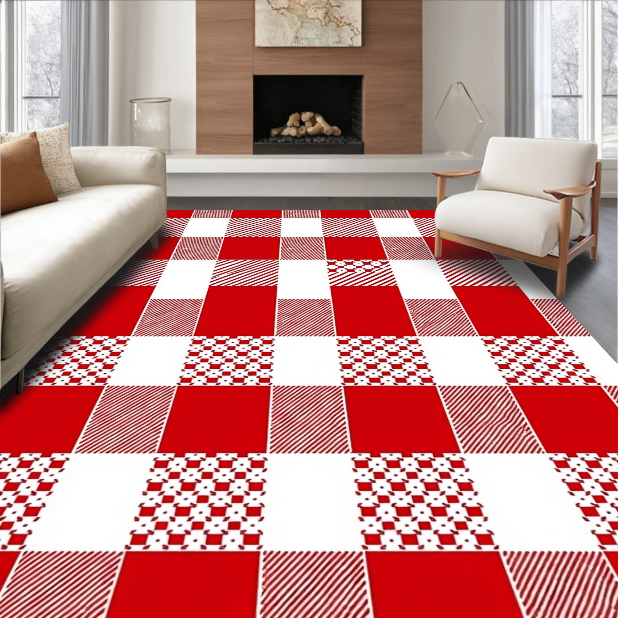 Red White Gingham Checkered Squares Rug
