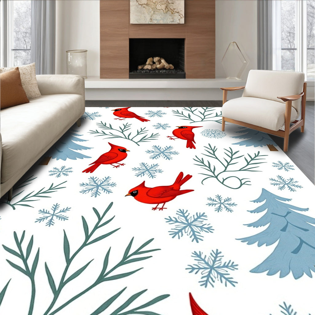 Red Cardinals Winter Snowy Trees Snowflakes Rug