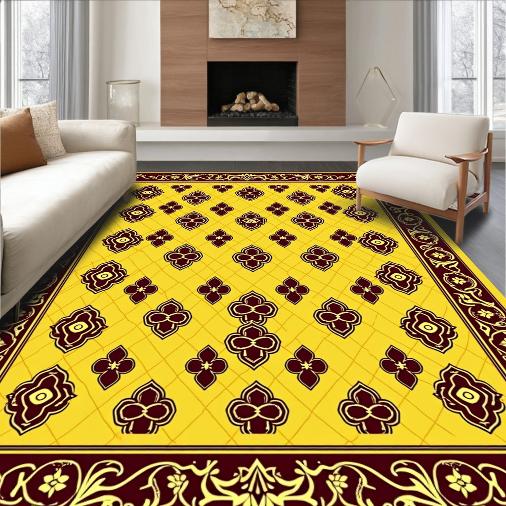 Gold Yellow Maroon Floral Scroll Border Rug
