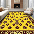 Gold Yellow Maroon Floral Scroll Border Rug