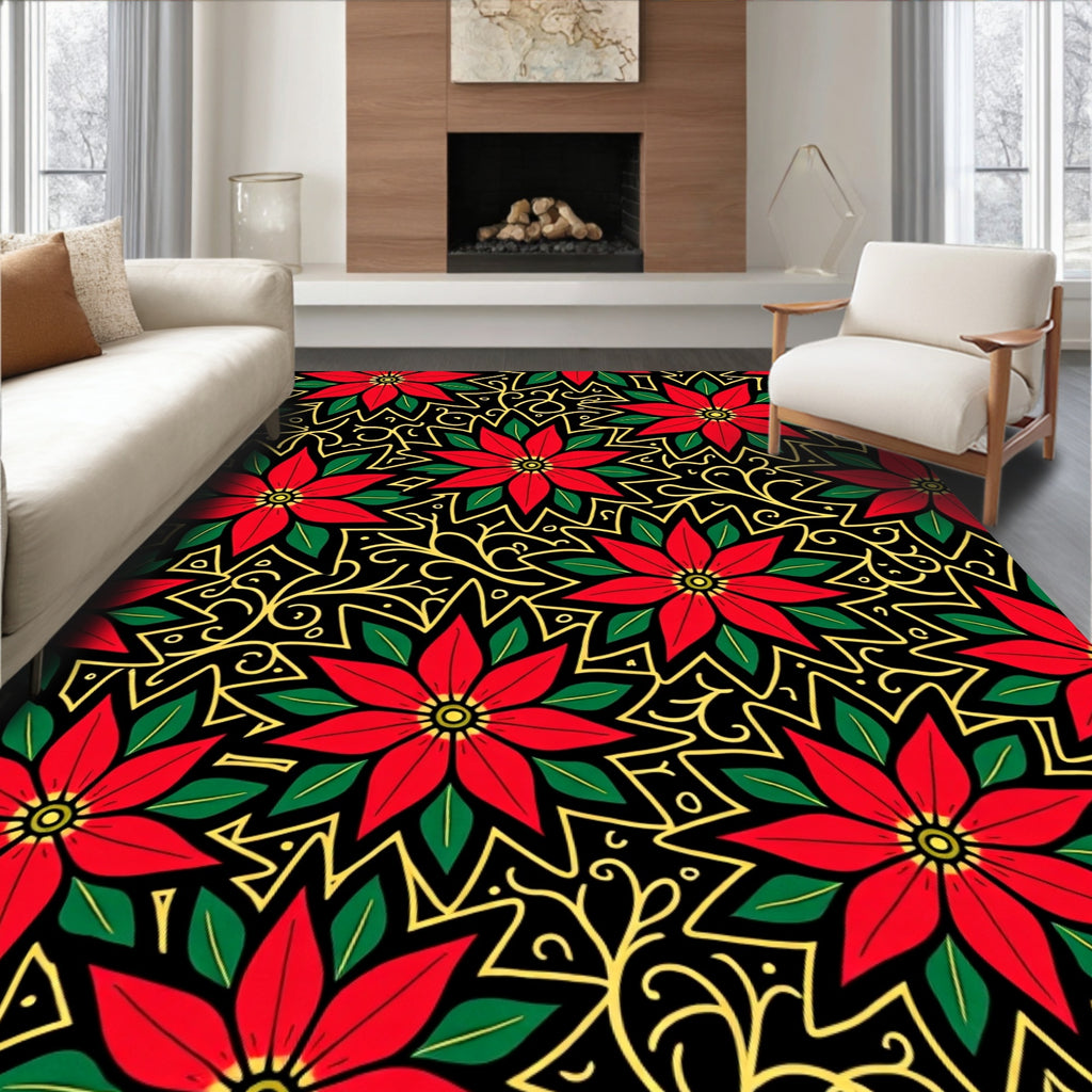Red Poinsettia Black Gold Swirl Rug
