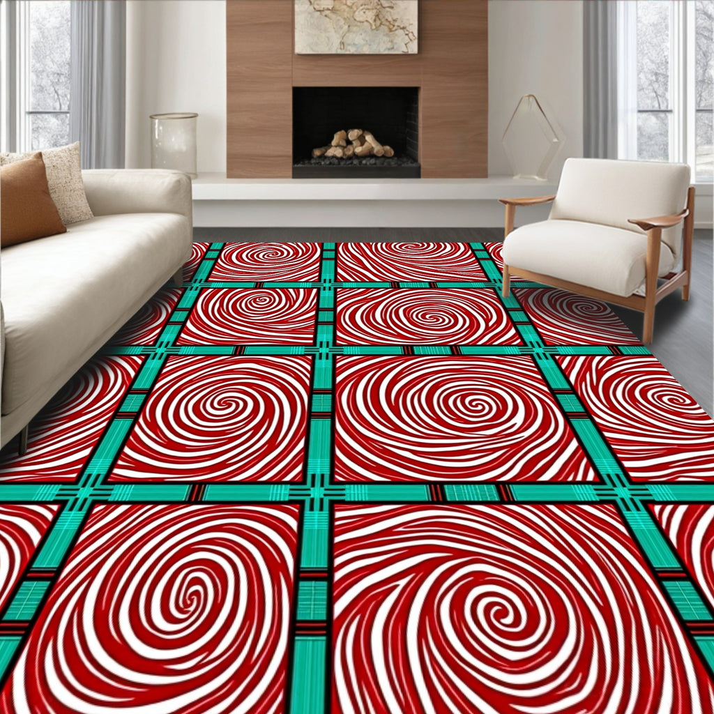Red White Swirl Squares Teal Grid Rug