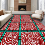 Red White Swirl Squares Teal Grid Rug