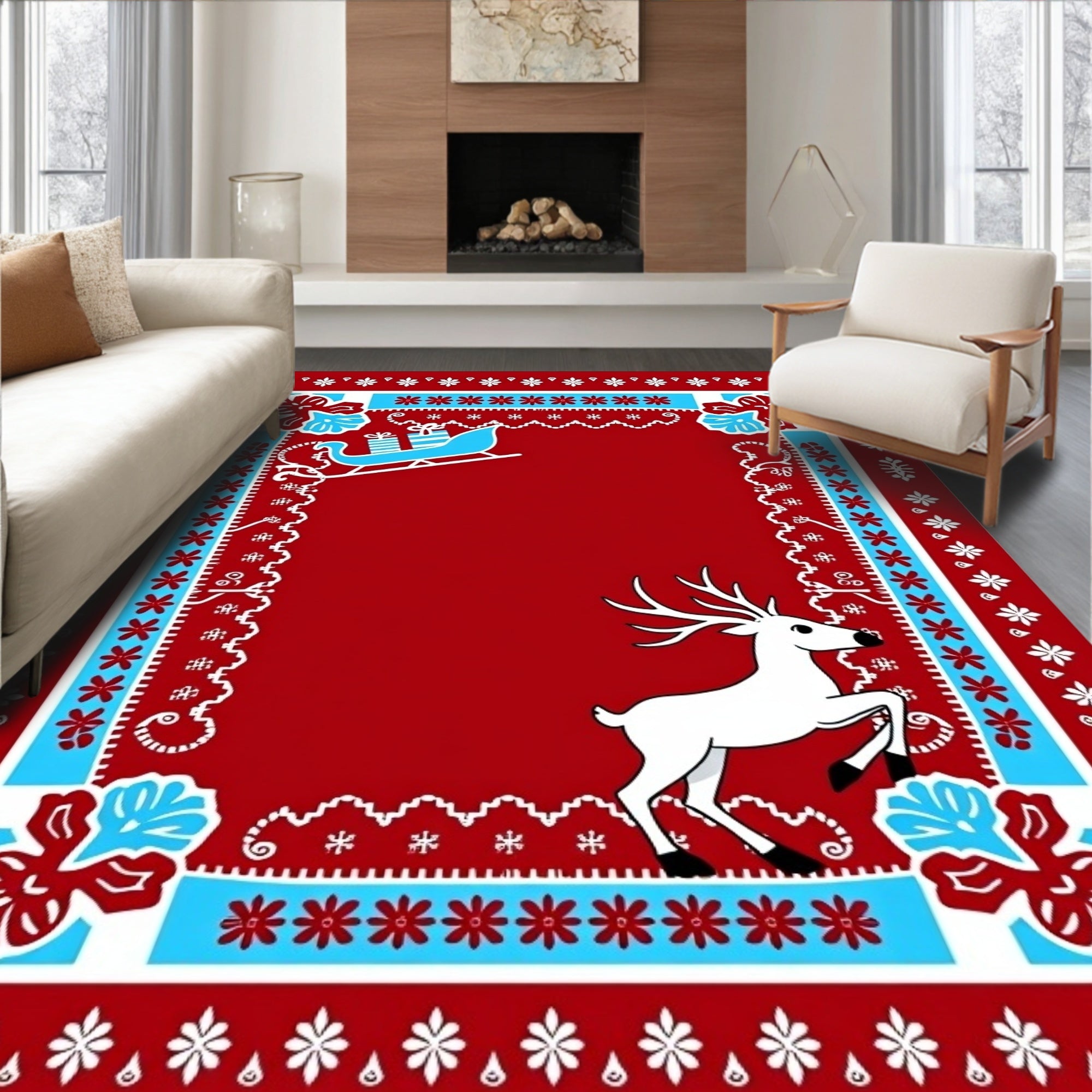 Red White Blue Sleigh Reindeer Border Rug