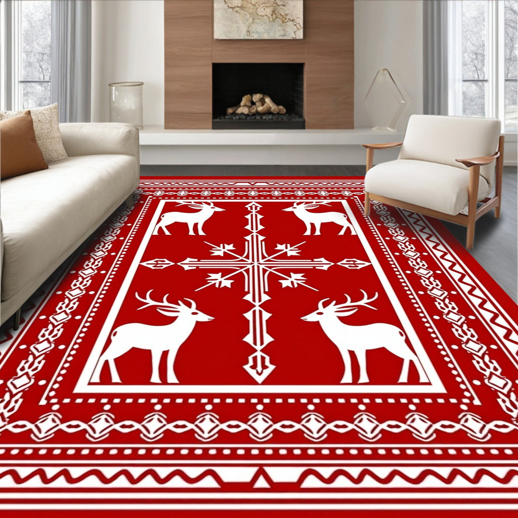 White Deer and Cross Red Border Rug