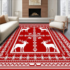White Deer and Cross Red Border Rug