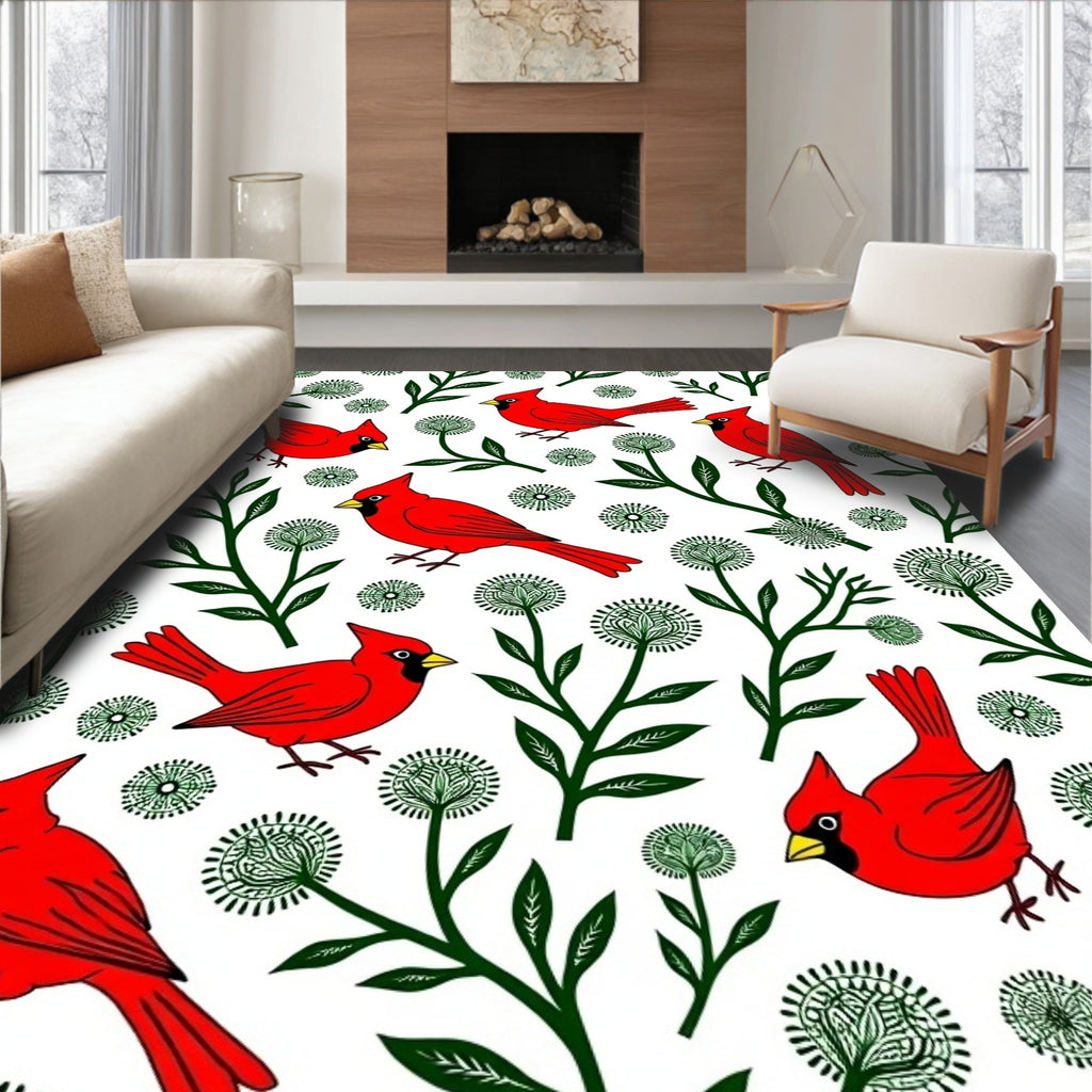 Whimsical Red Cardinal Green Dandelion Blooms Rug