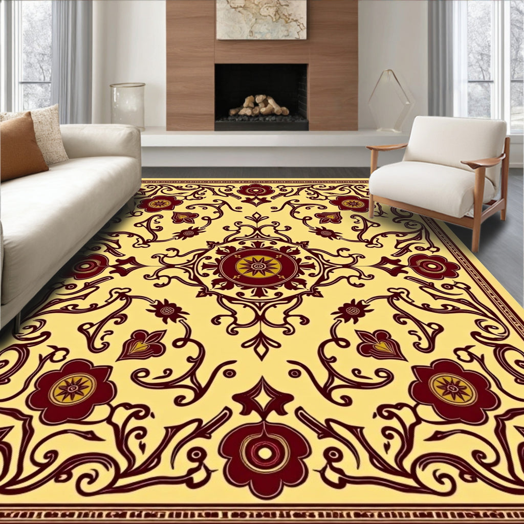 Golden Yellow Burgundy Floral Medallion Rug