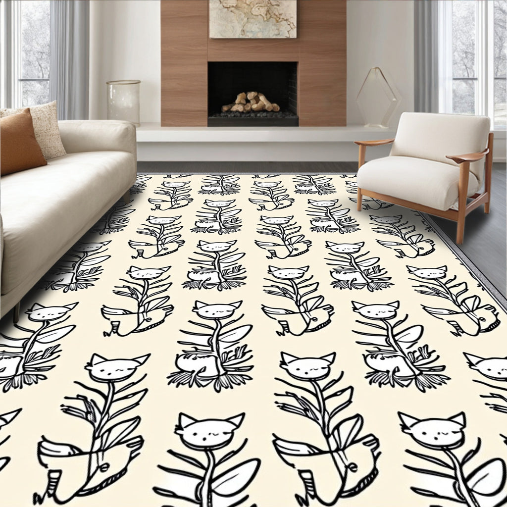 Whimsical Cat Flower Cream Rug