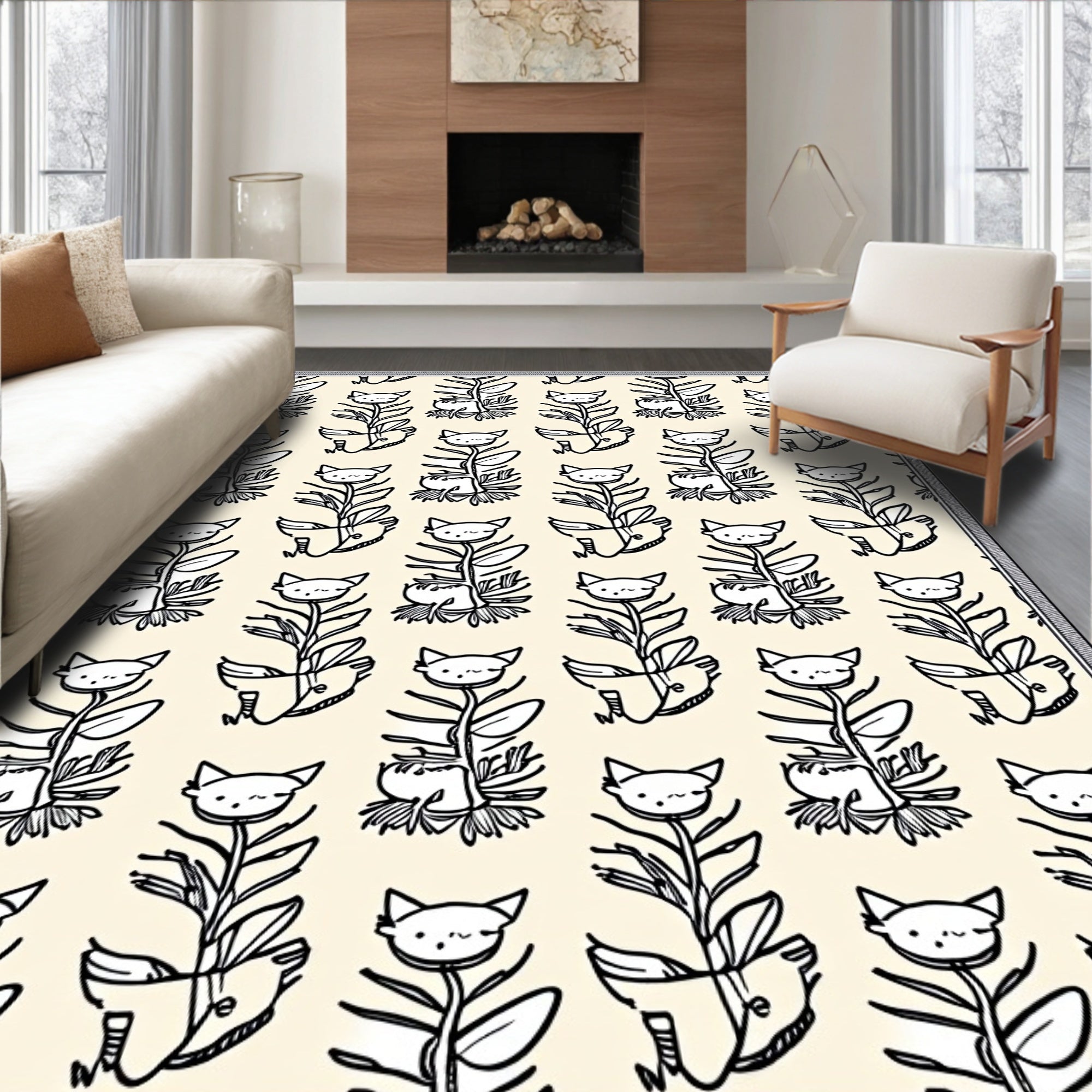 Whimsical Cat Flower Cream Rug