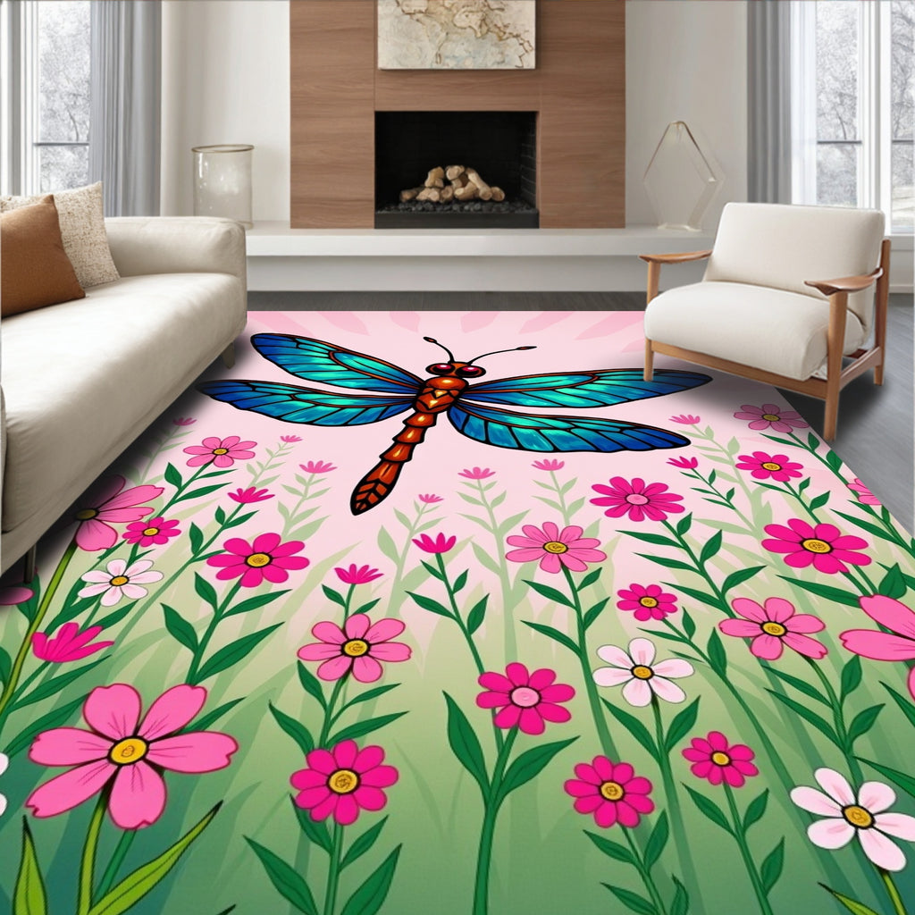 Vibrant Blue Dragonfly Pink Floral Meadow Rug