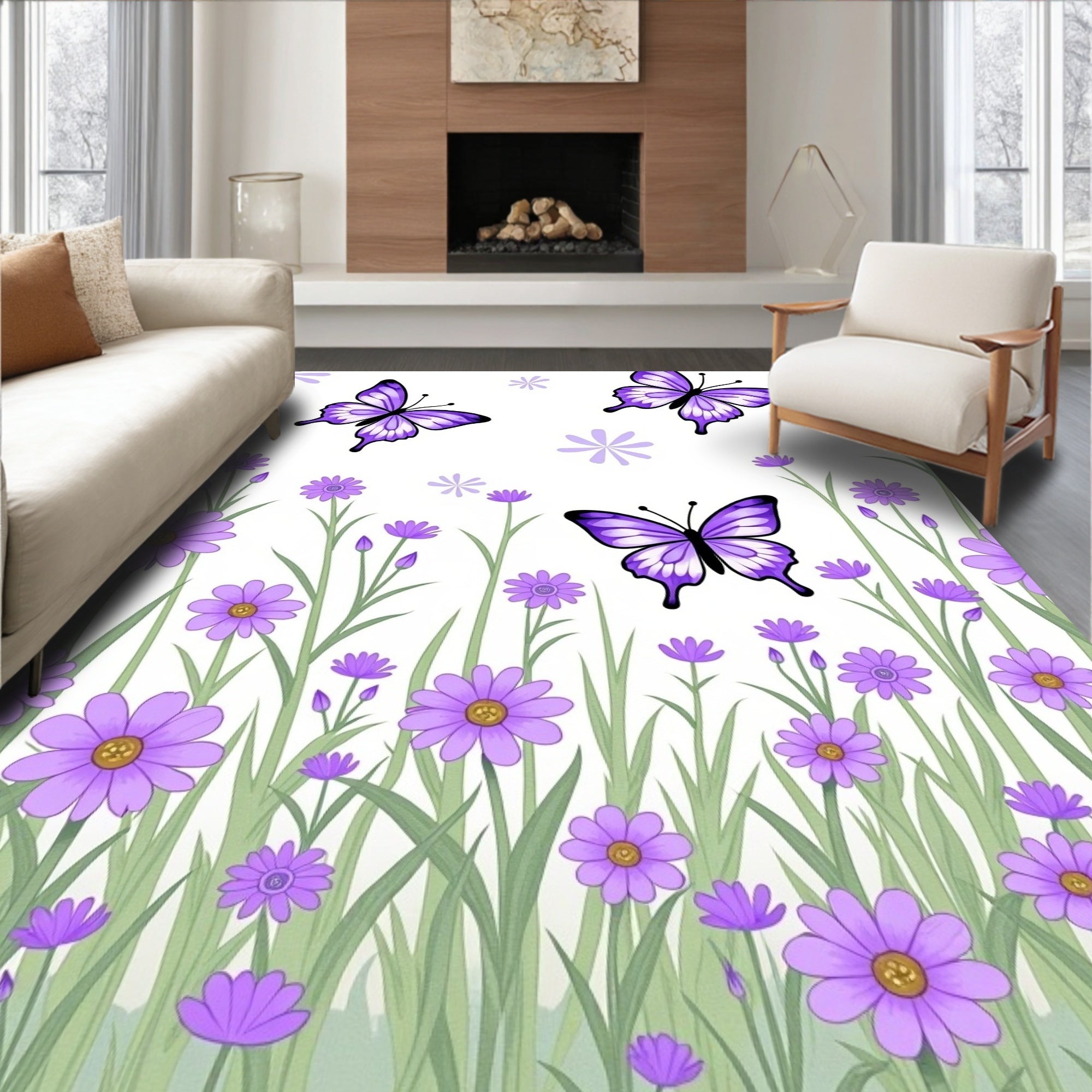 Whimsical Purple Butterfly Meadow Rug