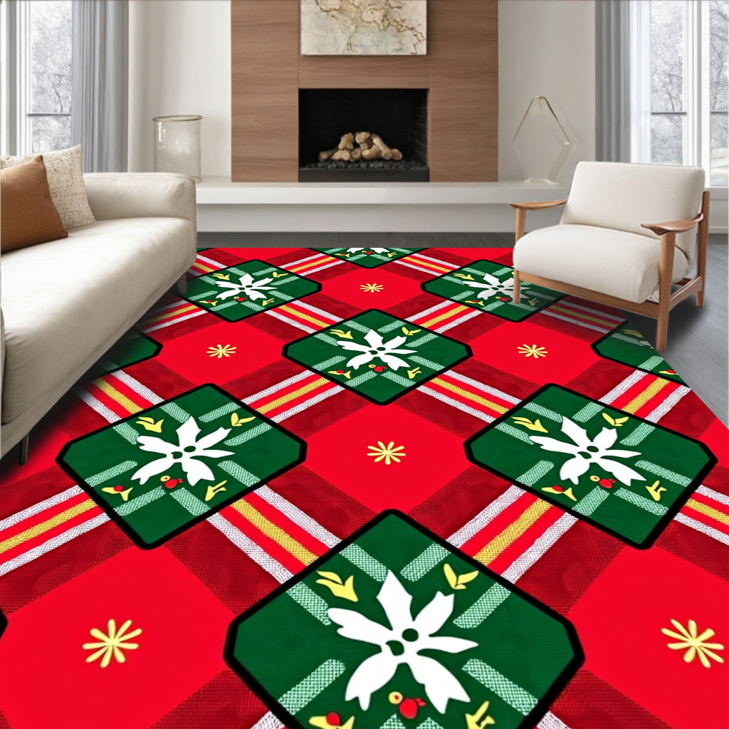 Red Green Plaid Floral Diamond Rug