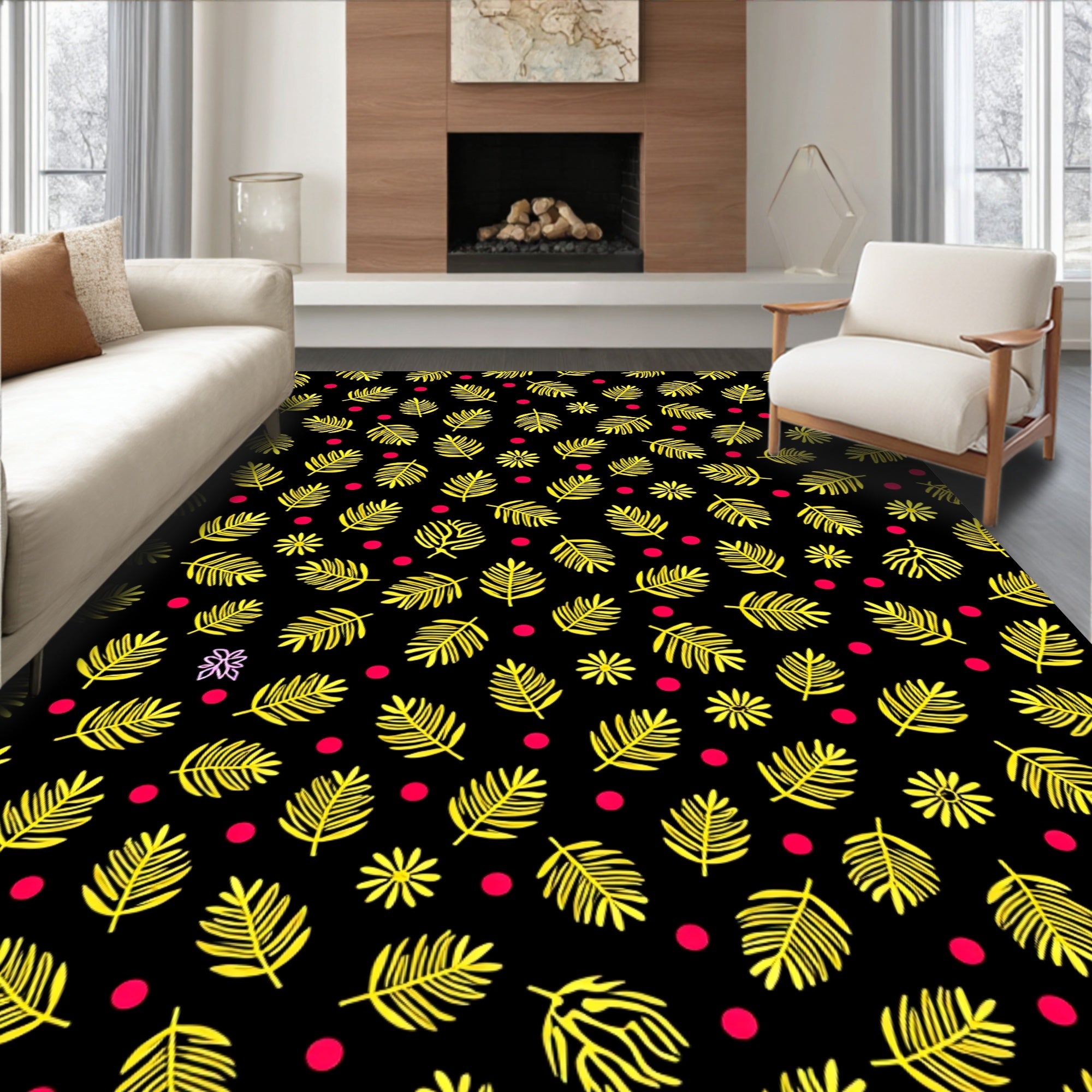 Yellow Ferns And Crimson Dots Rug