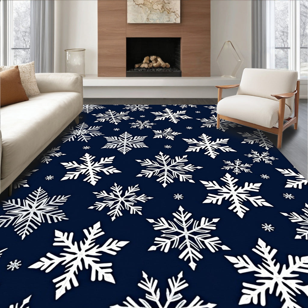 Winter White Snowflake Navy Background Rug