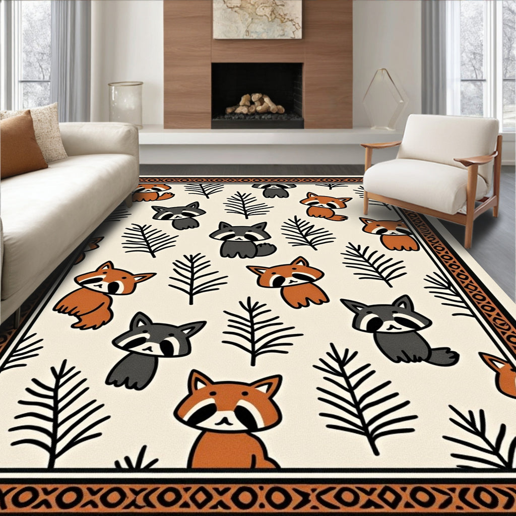 Cute Raccoon and Pine Branch Repeat Rug