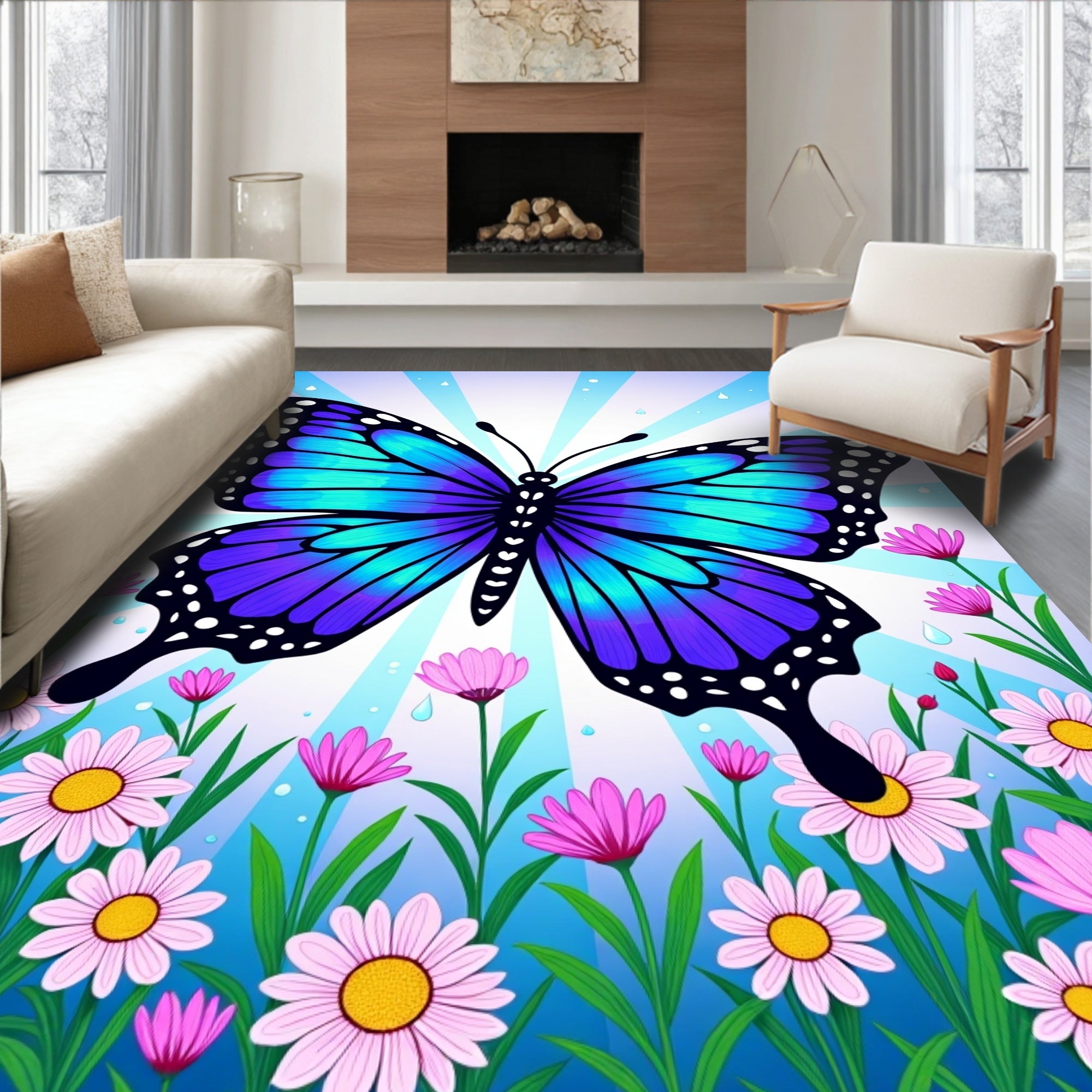 Vivid Blue Purple Butterfly Garden Rug