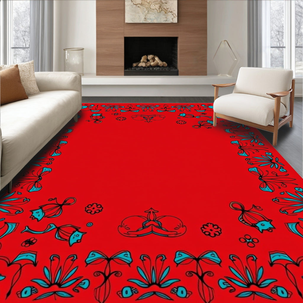 Crimson Cyan Folk Botanical Border Rug
