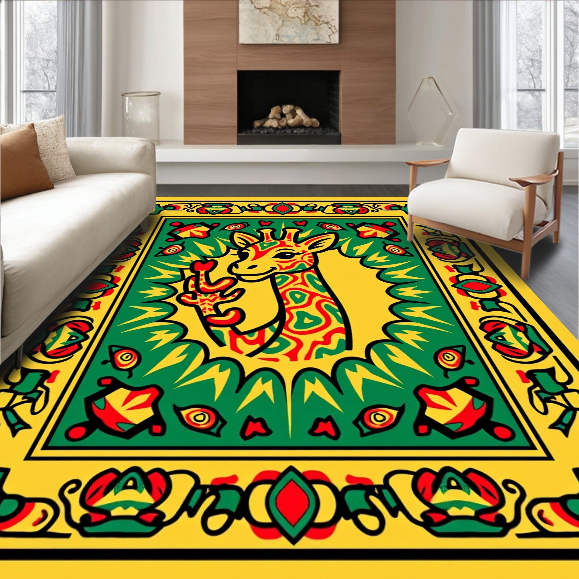 Yellow Green Red Giraffe Border Rug