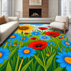 Sunny Sunflower Poppy Meadow Field Rug