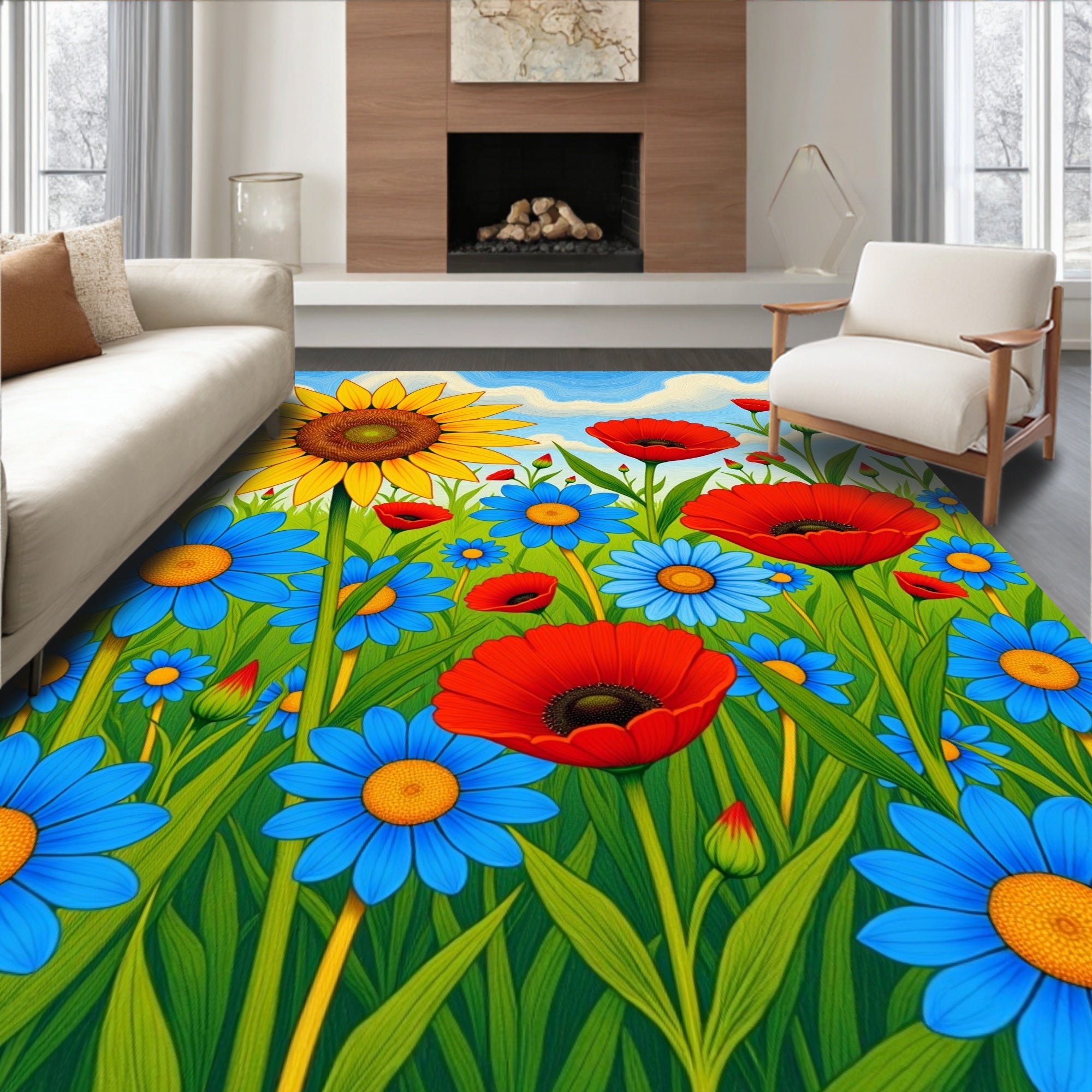 Sunny Sunflower Poppy Meadow Field Rug