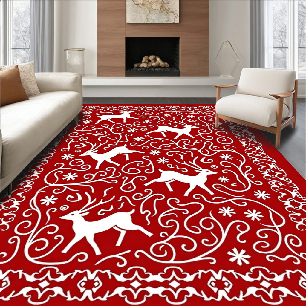 Crimson White Antlered Woodland Scene Rug