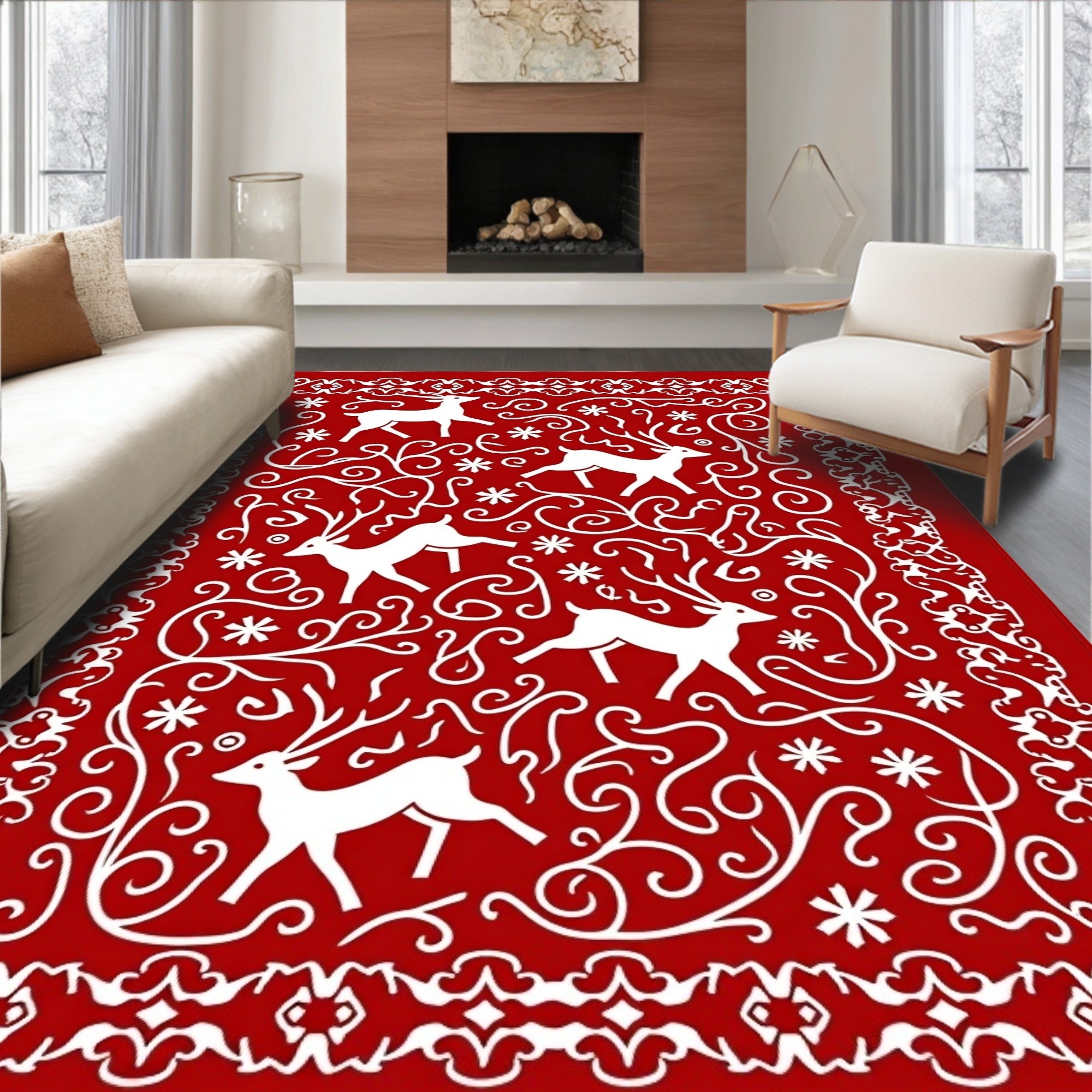 Crimson White Antlered Woodland Scene Rug