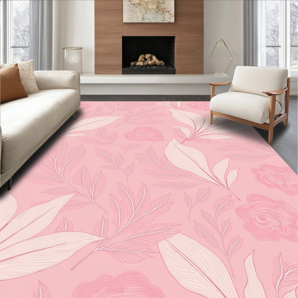 Soft Pink Floral Leaf Arrangement Rug