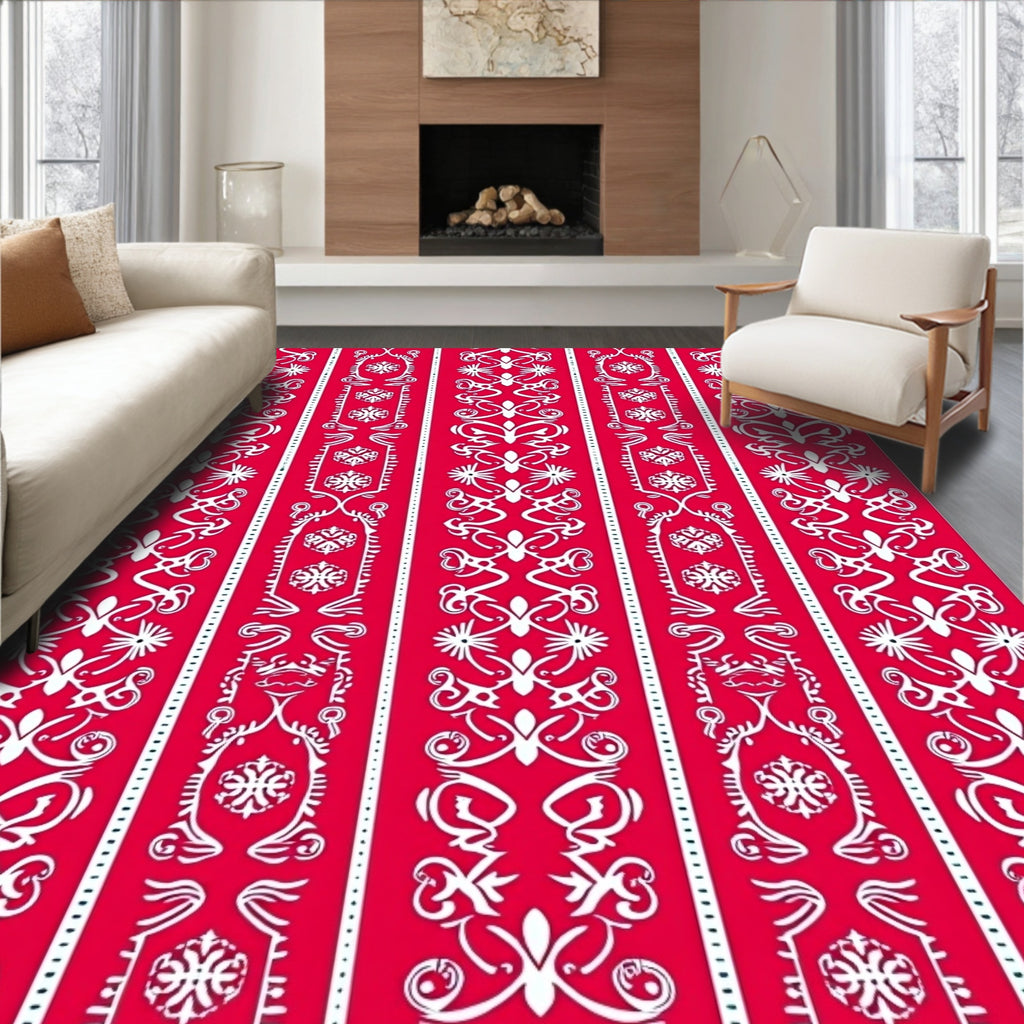 Crimson White Vertical Tribal Scroll Rug