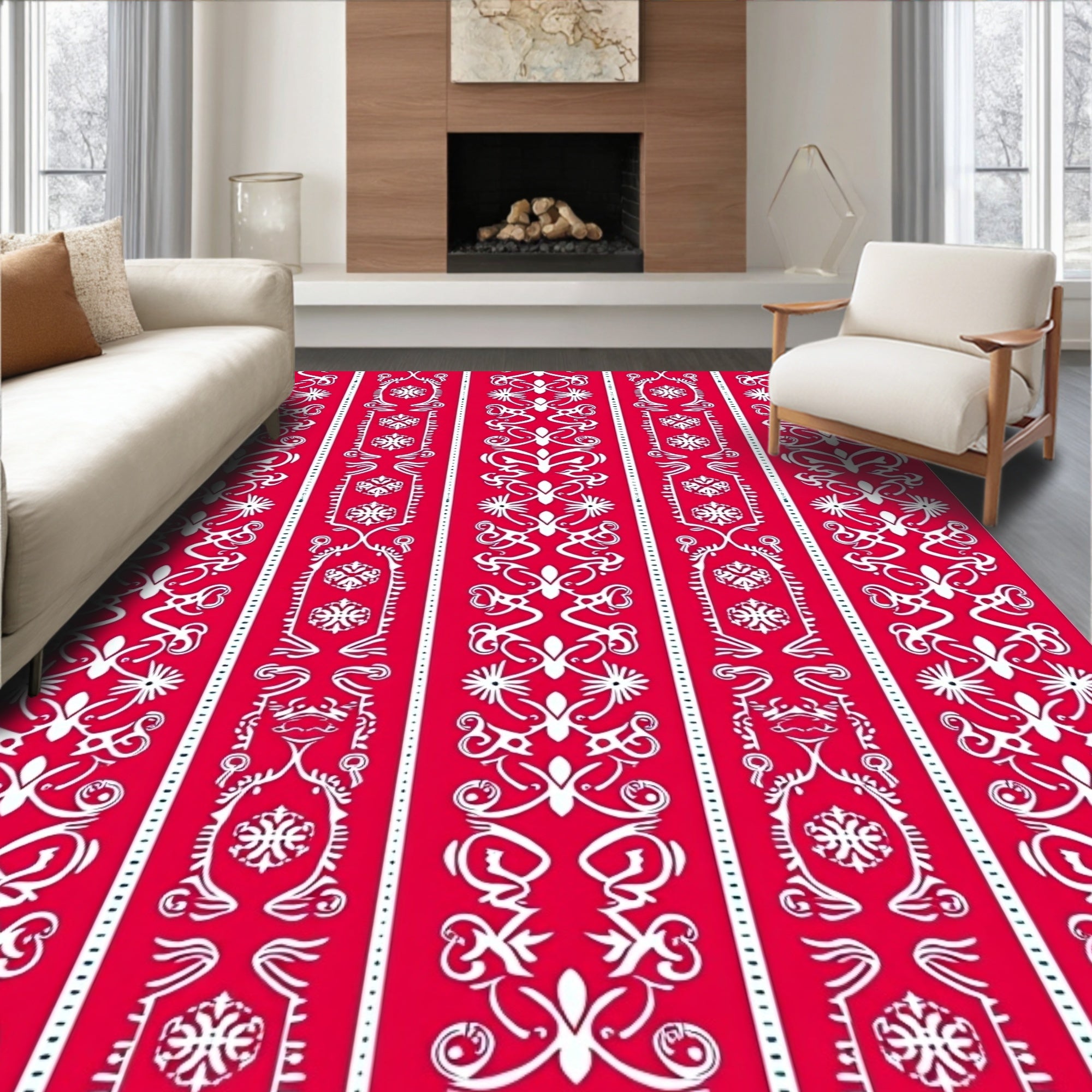 Crimson White Vertical Tribal Scroll Rug
