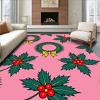 Christmas Wreaths Holly Berries Pink Background Rug
