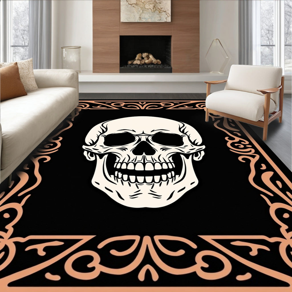 Cream Skull Black Ornate Frame Rug