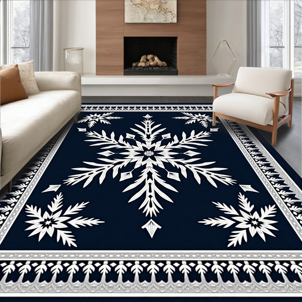 Navy White Snowflake Floral Border Rug