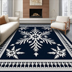 Navy White Snowflake Floral Border Rug