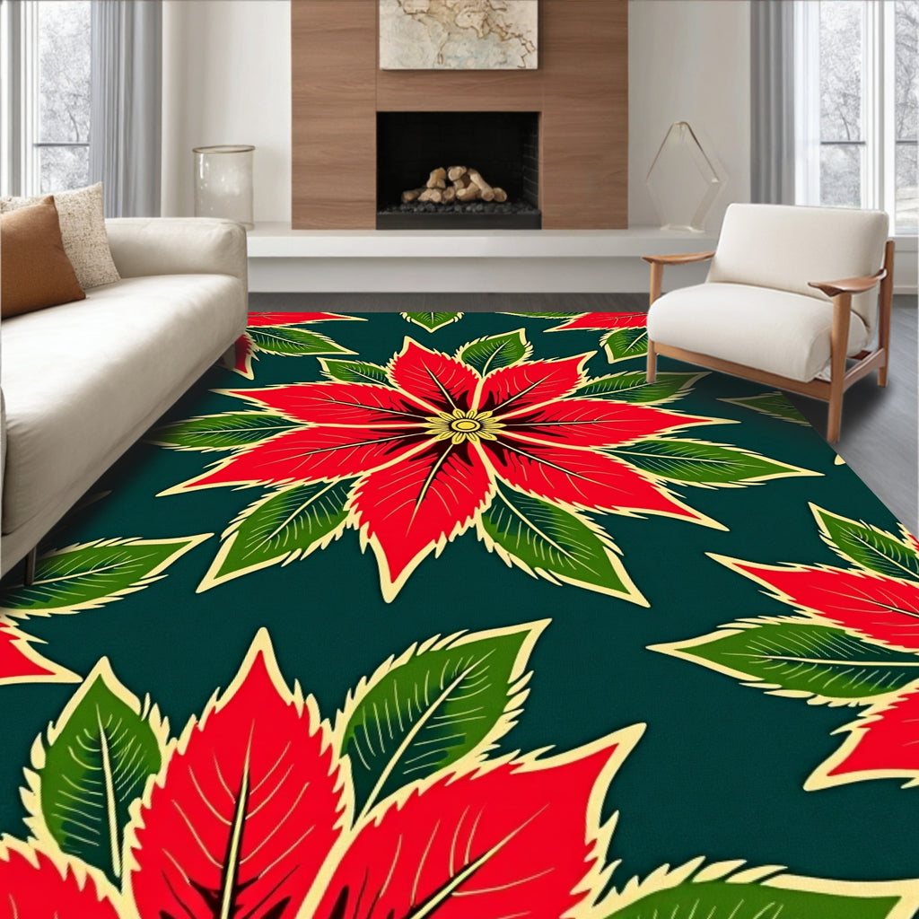 Crimson Poinsettia Floral Medallion Rug